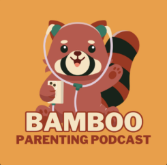 Bamboo Parenting Podcast logo (smiling cartoon animal listening to an audio player)